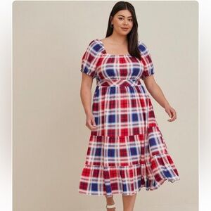 Puff Sleeve Tiered Maxi Dress - Challis Plaid Red & Blue
